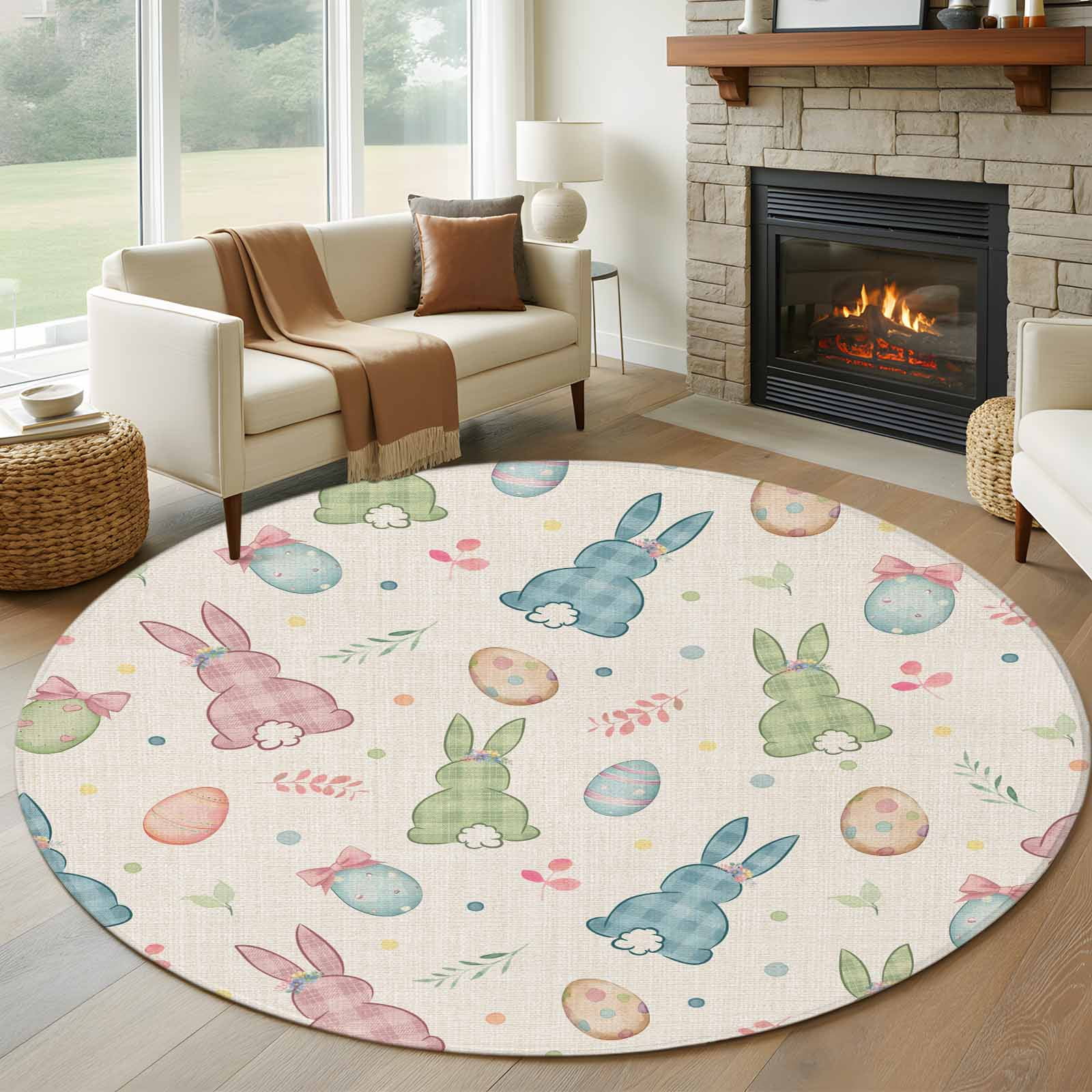 Pink Easter Rug 5ft Round Rug, Pink Blue Green Easter Non-Skid Rubber Backing Large ...