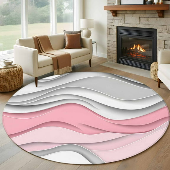 5ft Round Rug, Pink Gray Ombre Non-Skid Rubber Backing Large Area Rugs - Living Room Bedroom Home Office, Modern Abstract Moire Art Geometric Indoor Floor Mat Carpets Washable Rug