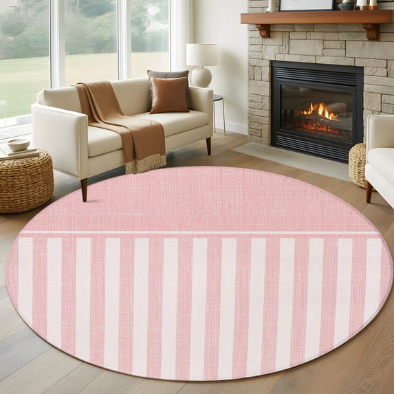 Pink Rug Room 5ft Round Rug, Pink Striped Non-Skid Rubber Backing Large Area Rugs ...