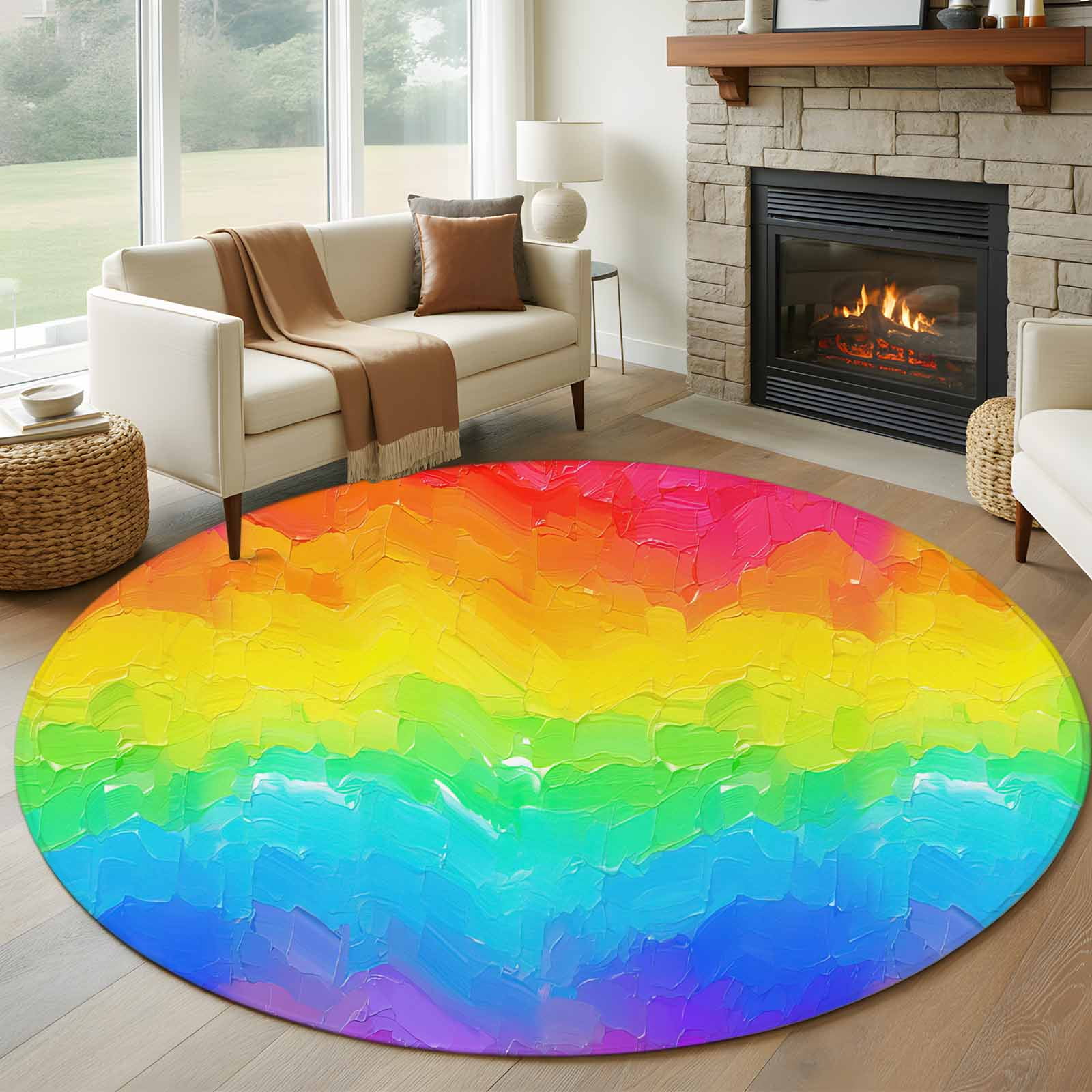 5ft Round Rug, Rainbow Oil Painting Non-Skid Rubber Backing Large Area ...