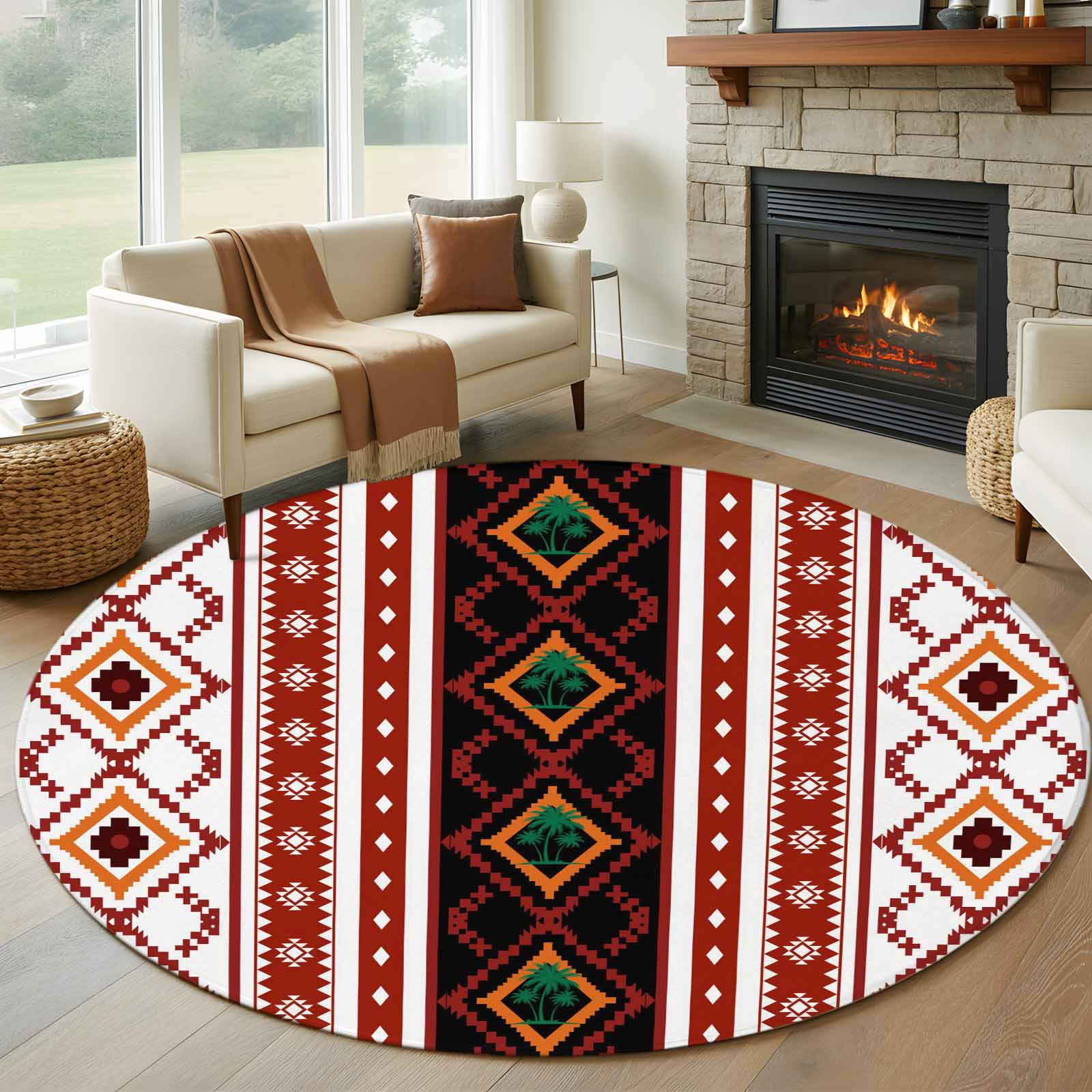 Red Rug Under Mat 5ft Round Rug, Red Black Boho Non-Skid Rubber Backing Large Area Rugs ...