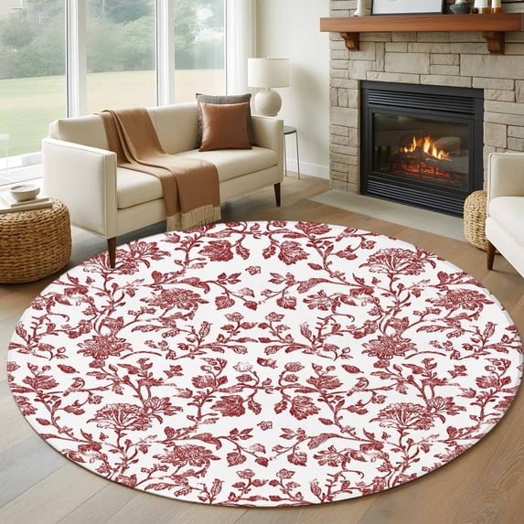 5ft Round Rug, Red Boho Flower Non-Skid Rubber Backing Large Area Rugs - Living Room Bedroom Home Office, Vintage Paisley Farmhouse Pattern Indoor Floor Mat Carpets Washable Rug