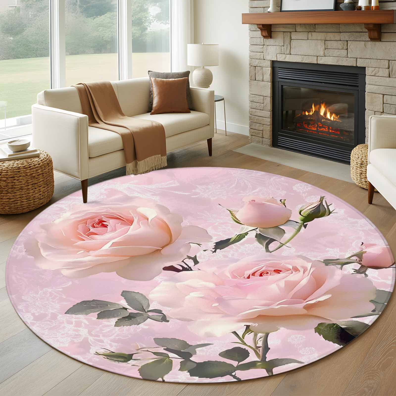 Large One Rose Rug 5ft Round Rug, Romantic Pink Roses Non-Skid Rubber Backing Large Area ...