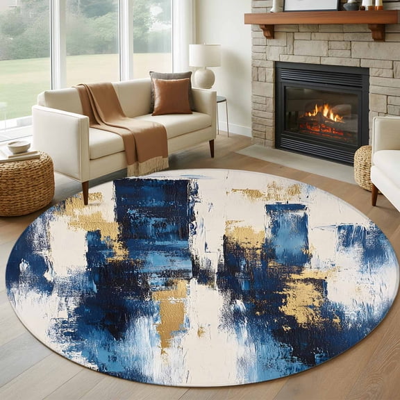 5ft Round Rug, Rustic Blue Gold Non-Skid Rubber Backing Large Area Rugs - Living Room Bedroom Home Office, Abstract Neutral Brush Strokes Artwork Indoor Floor Mat Carpets Washable Rug