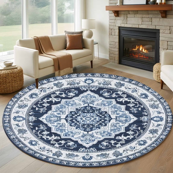 5ft Round Rug, Southwestern Navy Blue Non-Skid Rubber Backing Large Area Rugs - Living Room Bedroom Home Office, Boho Ethnic Geometric Floral Indoor Floor Mat Carpets Washable Rug