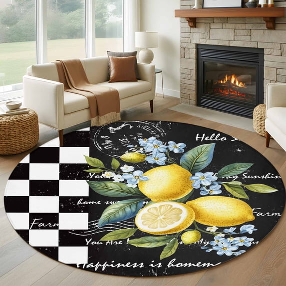 5ft Round Rug, Summer Lemon Non-Skid Rubber Backing Large Area Rugs - Living Room Bedroom Home Office, Vintage Black Plaid Blue Spring Floral Indoor Floor Mat Carpets Washable Rug