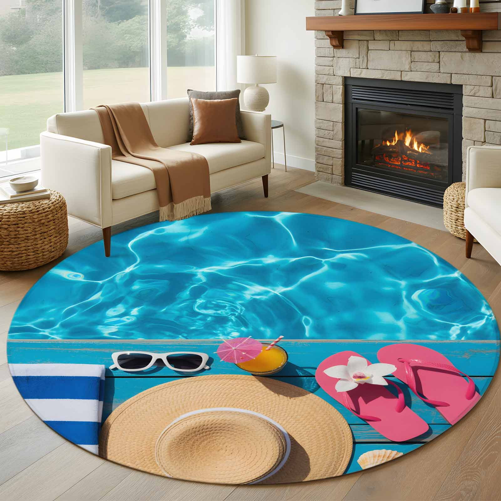 Pool Runner Rug 5ft Round Rug, Swimming Pool Non-Skid Rubber Backing Large Area Rugs ...
