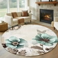 thumbnail image 1 of 5ft Round Rug, Teal Brown Spring Floral Non-Skid Rubber Backing Large Area Rugs - Living Room Bedroom Home Office, Vintage Flowers Elegant Botanical Indoor Floor Mat Carpets Washable Rug, 1 of 9