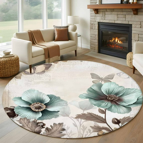5ft Round Rug, Teal Brown Spring Floral Non-Skid Rubber Backing Large Area Rugs - Living Room Bedroom Home Office, Vintage Flowers Elegant Botanical Indoor Floor Mat Carpets Washable Rug