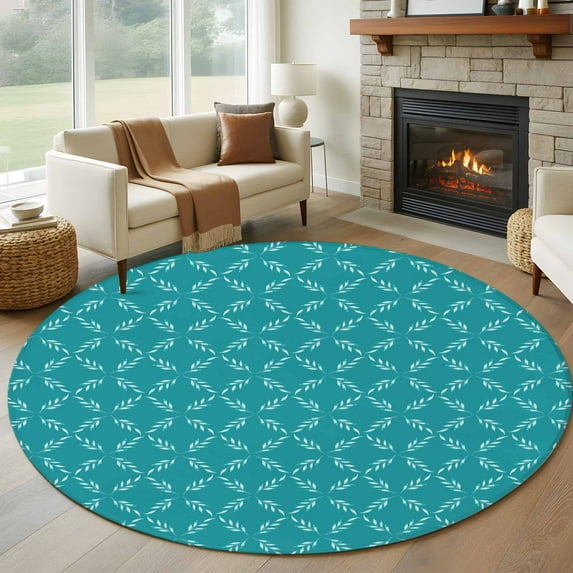 5ft Round Rug, Teal Morocco Non-Skid Rubber Backing Large Area Rugs - Living Room Bedroom Home Office, Geometric Leaf Diamond Lattice Abstract Indoor Floor Mat Carpets Washable Rug