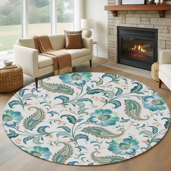 5ft Round Rug, Teal Paisley Floral Non-Skid Rubber Backing Large Area Rugs - Living Room Bedroom Home Office, Boho Ethnic Tribe Traditional Indoor Floor Mat Carpets Washable Rug