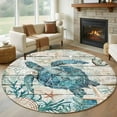 thumbnail image 1 of 5ft Round Rug, Teal Sea Turtle Coastal Non-Skid Rubber Backing Large Area Rugs - Living Room Bedroom Home Office, Summer Beach Nautical Starfish Retro Indoor Floor Mat Carpets Washable Rug, 1 of 9