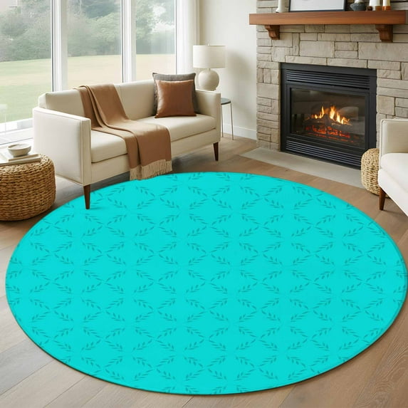 5ft Round Rug, Turquoise Plaid Non-Skid Rubber Backing Large Area Rugs - Living Room Bedroom Home Office, Geometric Leaf Diamond Morocco Abstract Indoor Floor Mat Carpets Washable Rug