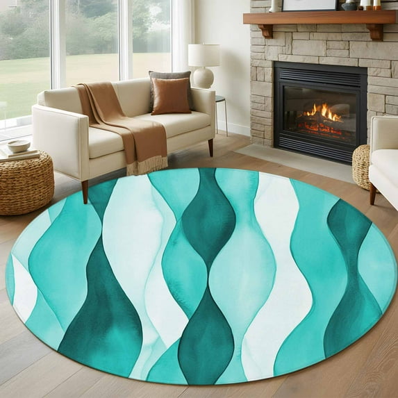 5ft Round Rug, Turquoise Stripes Non-Skid Rubber Backing Large Area Rugs - Living Room Bedroom Home Office, Vintage Farmhouse Ripple Texture Art Indoor Floor Mat Carpets Washable Rug