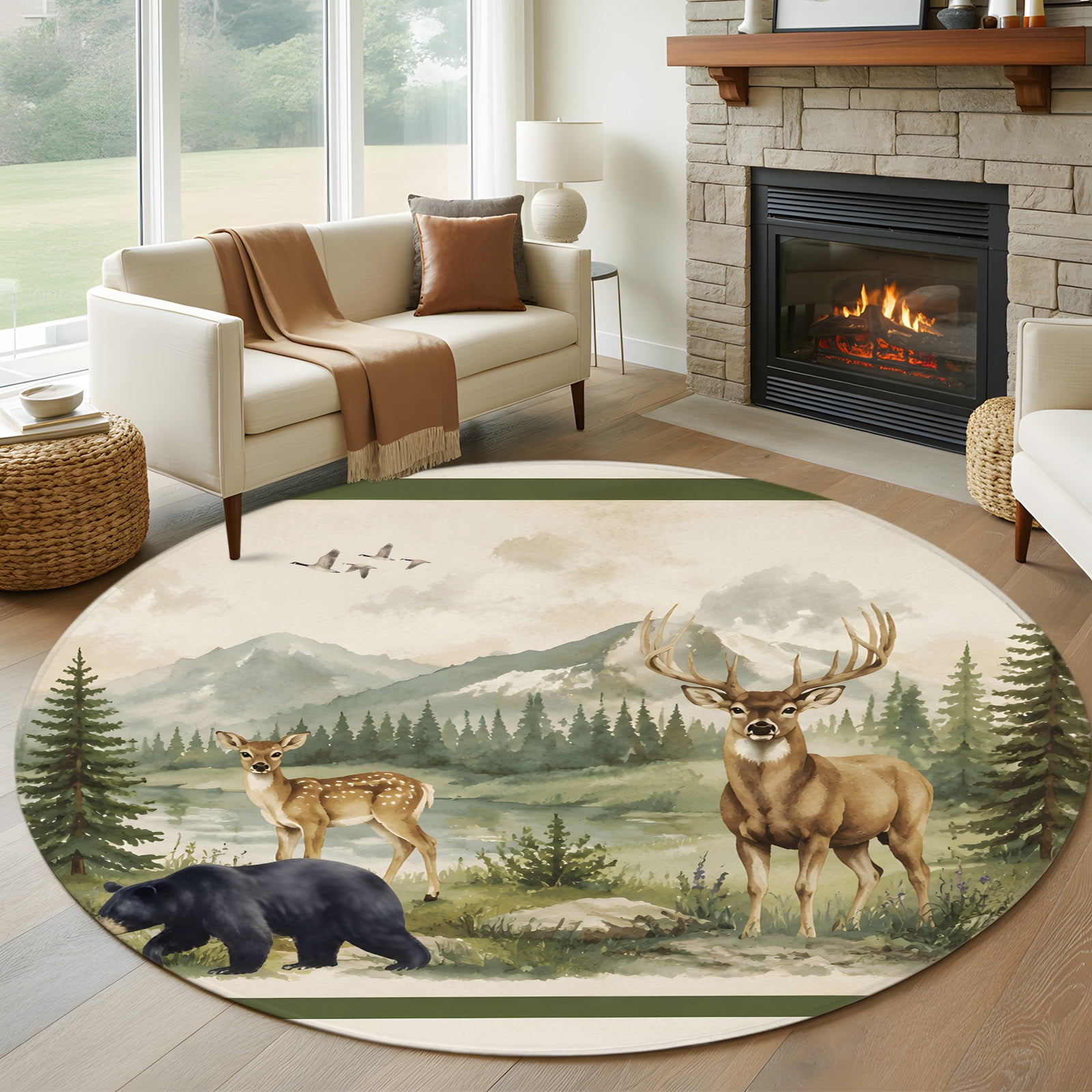 Rustic Elk Rugs 5ft Round Rug, Vintage Elk Mountain Non-Skid Rubber Backing Large Area ...
