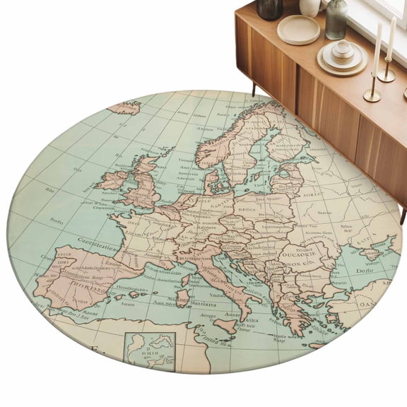 5ft Round Rug Vintage Map Area Rugs for Living Room Bedroom Washable Non Slip Circle Rug Low Pile Soft Western Retro Art Maps Indoor Floor Carpet for Kitchen Entryway Office Dining Room Home