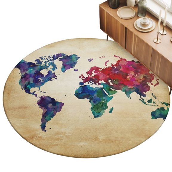 5ft Round Rug Vintage Map Area Rugs for Living Room Bedroom Washable Non Slip Circle Rug Low Pile Travel World Map Watercolor Splashes Indoor Floor Carpet for Kitchen Entryway Office Dining Room Home
