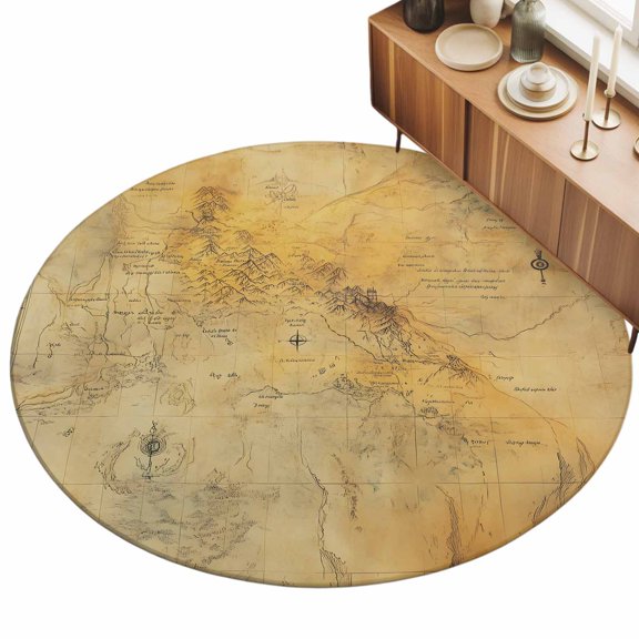 5ft Round Rug Vintage Map Area Rugs for Living Room Bedroom Washable Non Slip Circle Rug Middle Century Farmhouse Natural Landscape Indoor Floor Carpet for Kitchen Entryway Office Dining Room