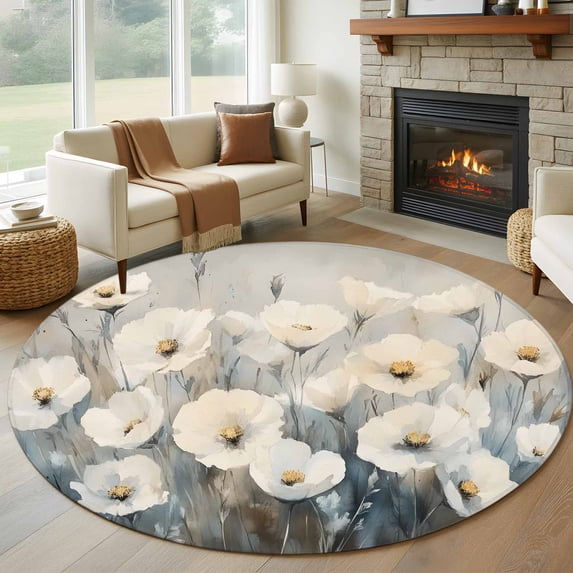 Spring Rug Painted 5ft Round Rug, White Spring Floral Non-Skid Rubber Backing Large Area ...