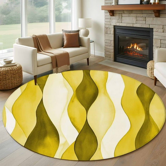 5ft Round Rug, Yellow Stripes Non-Skid Rubber Backing Large Area Rugs - Living Room Bedroom Home Office, Retro Farmhouse Gradient Ripple Pattern Indoor Floor Mat Carpets Washable Rug