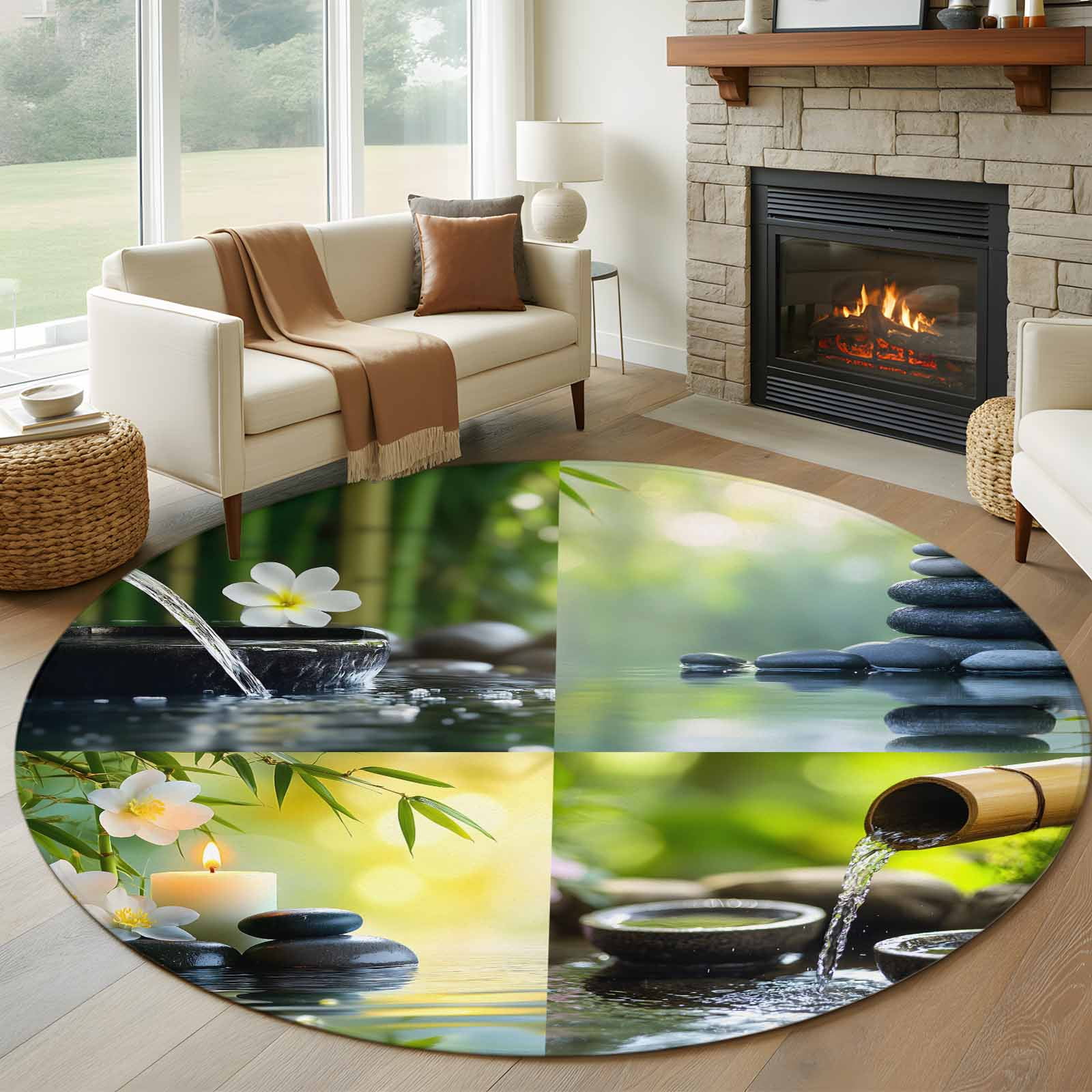 Zen Rug Patterns 5ft Round Rug, Zen Stones Non-Skid Rubber Backing Large Area Rugs ...