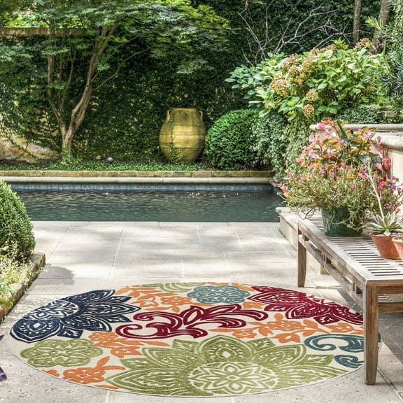 Oasis Modern Floral Multicolor Polypropylene Indoor Outdoor Area Rug, 5'x5' Round