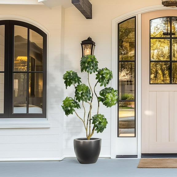 5ft Artificial Umbrella Schefflera Tree - Faux Plant in White Planter, Multi-Trunk Indoor/Outdoor Fake Tree for Home/Office/Porch Decor