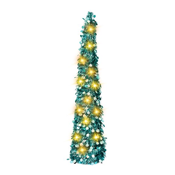 5ft Tinsel Pre-Lit Artificial Christmas Tree, LED Lights with Star Topper, Space-Saving Holiday Decor
