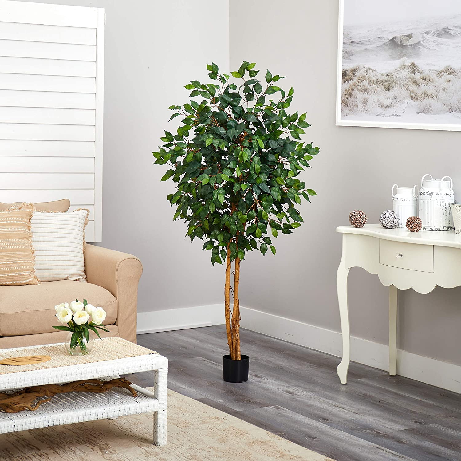 5ft Triple Trunk Artificial Ficus Tree with Natural Wood Trunks, Fake ...