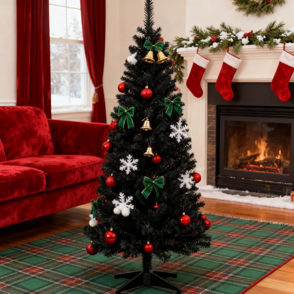 5ft Unlit Black Pencil Christmas Tree 294 Tips Easy Assembly Plastic Base Small Space Holiday Decor