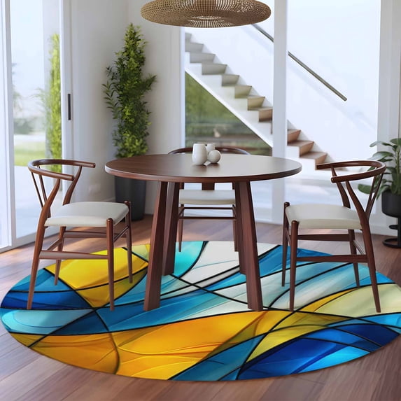 5ft Washable Round Rug, Abstract Art Non-Slip Circle Area Rug for Living Room Bedroom, Blue Yellow Gradient Wavy Lines Geometric Modern Indoor Floor Mat for Home Decor