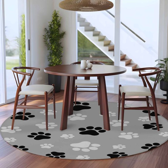 5ft Washable Round Rug, Animals Footprints Non-Slip Circle Area Rug for Living Room Bedroom, Black Dogs Paws Pattern Gray Background Indoor Floor Mat for Home Decor