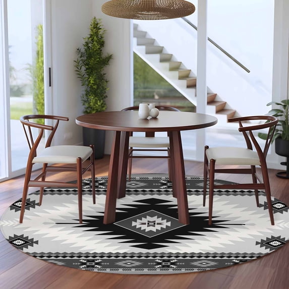 5ft Washable Round Rug, Aztec Southwestern Non-Slip Circle Area Rug for Living Room Bedroom, Ethnic Tribal Style Geometric Black Grey Indoor Floor Mat for Home Decor