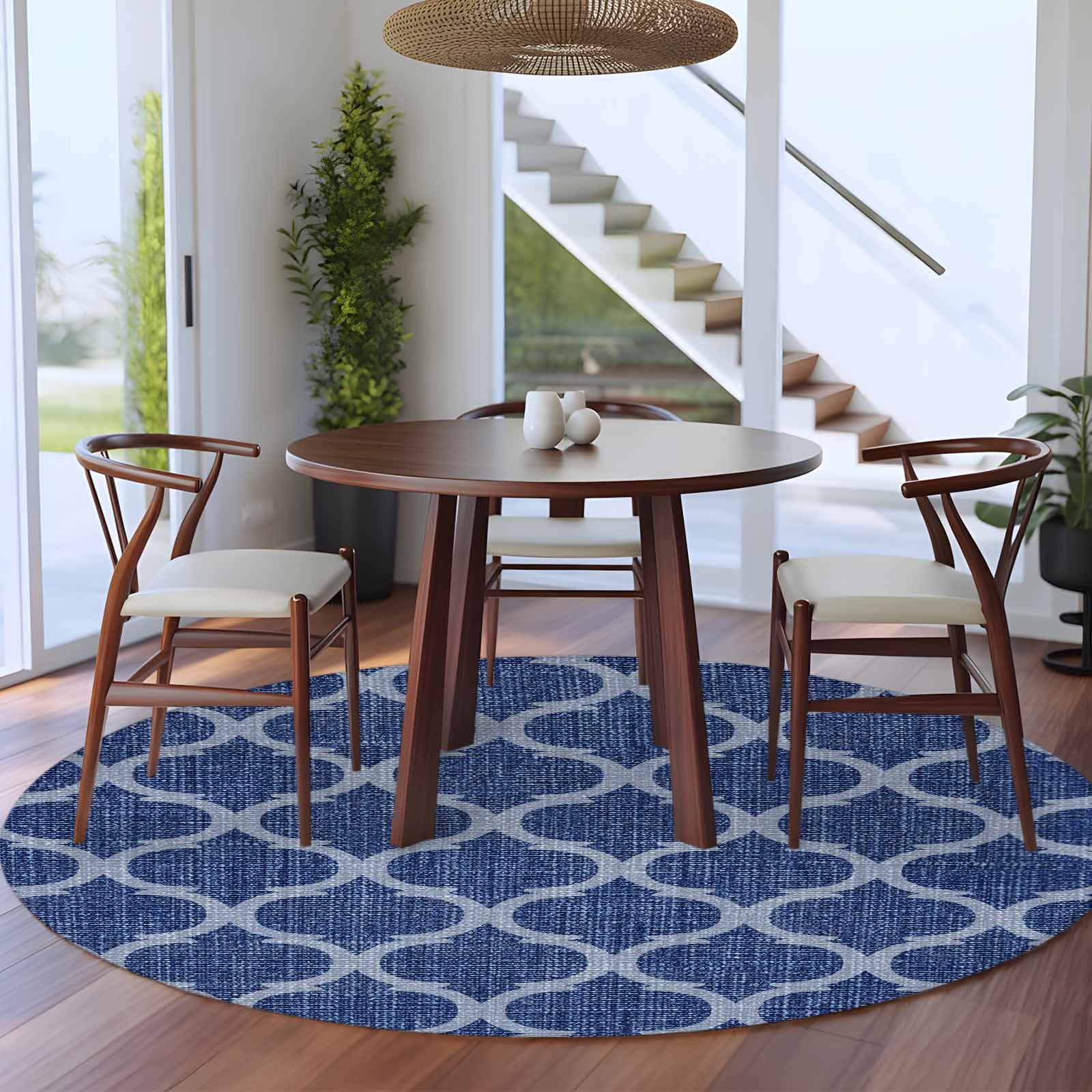 5ft Washable Round Rug, Blue Plaid Non-Slip Circle Area Rug for Living ...