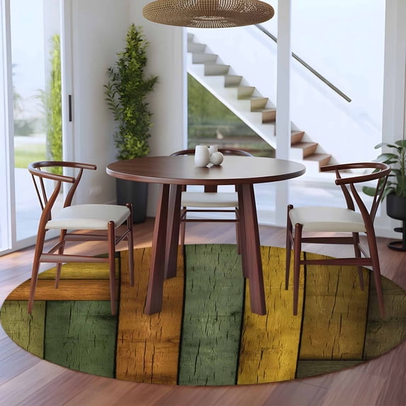 5ft Washable Round Rug, Colored Wood Grain Non-Slip Circle Area Rug for Living Room Bedroom, Orange Green Yellow Wood Stripes Indoor Floor Mat for Home Decor
