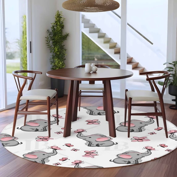 5ft Washable Round Rug, Elephants Butterflies Non-Slip Circle Area Rug ...