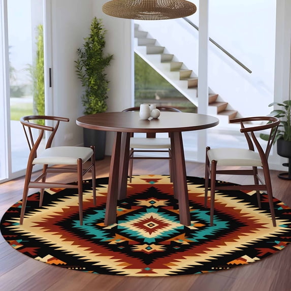 5ft Washable Round Rug, Ethnic Style Pattern Non-Slip Circle Area Rug ...