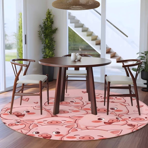5ft Washable Round Rug, Farm Animals Cheek Non-Slip Circle Area Rug for Living Room Bedroom, Cute Cartoon Themed Funny Pink Pig Face Graffiti Indoor Floor Mat for Home Decor