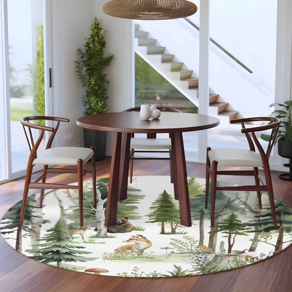 Small Round Forest Rug 5ft Washable Round Rug, Forest Animal Non-Slip Circle Area Rug for ...