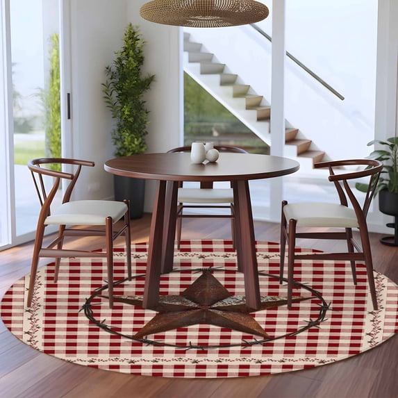5ft Washable Round Rug, Retro Mottled Non-Slip Circle Area Rug for Living Room Bedroom, Country Star Berry Farmhouse Red Buffalo Plaid Indoor Floor Mat for Home Decor