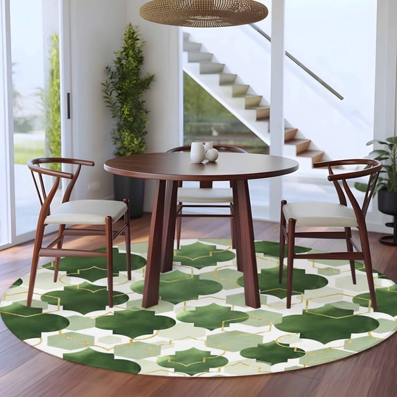 5ft Washable Round Rug, Sage Green Moroccan Non-Slip Circle Area Rug for Living Room Bedroom, Abstract Gradient Gold Green Geometric Indoor Floor Mat for Home Decor