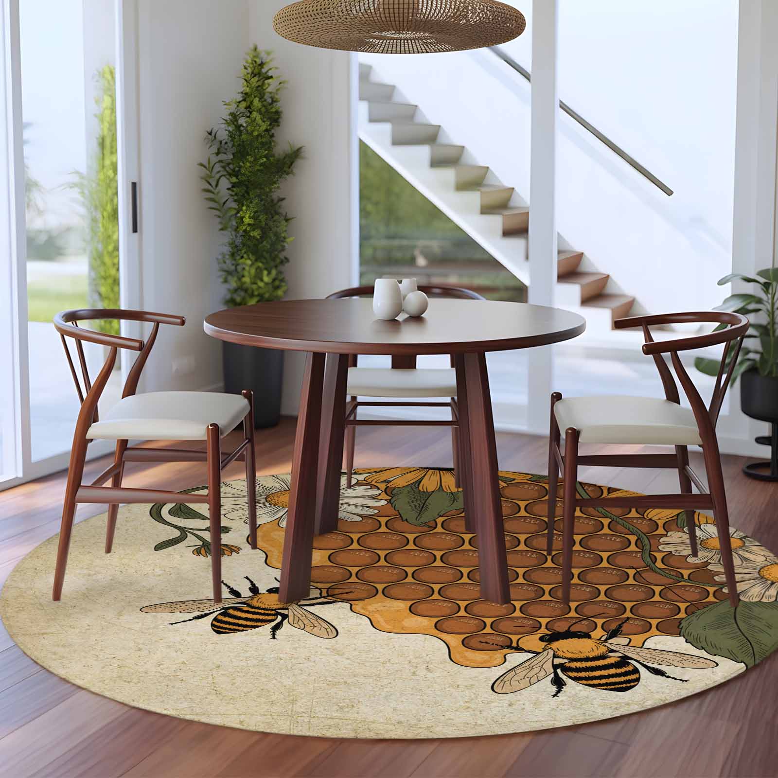5ft Washable Round Rug, Vintage Daisy Bees Non-Slip Circle Area Rug for ...