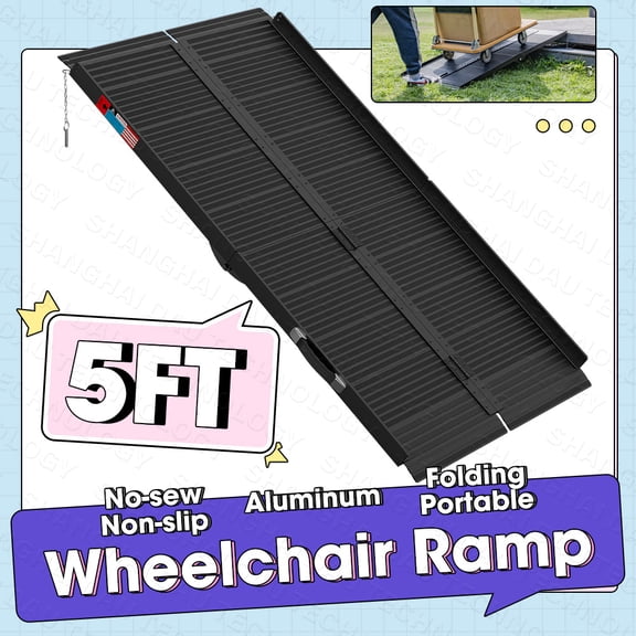 5ft Wheelchair Ramp for Home Steps, Aluminum Threshold Ramp 600 lbs Capacity, Portable Folding Ramp Non-Slip Adjustable for Indoor Outdoor Mobility Scooter