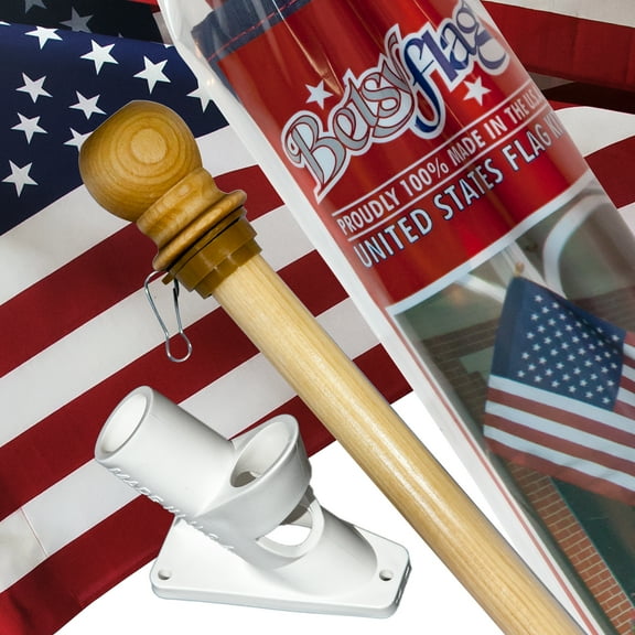 5ft Wood Flagpole Betsy Flags American Flag Kit, 2.5x4ft Printed Polycotton Sleeved Banner and Mounting Hardware