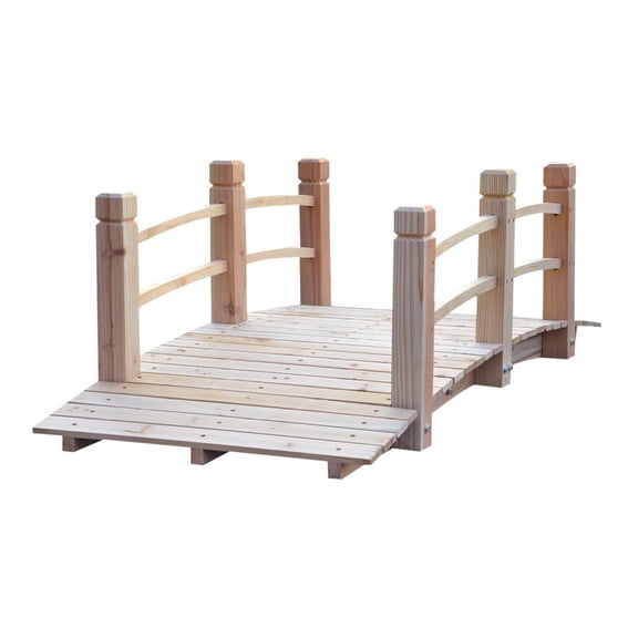 5ft Wooden Garden Bridge Arc Footbridge, Natural Wood with Railings - Backyard Pond Bridge, Decorative Landscape Arch Bridge