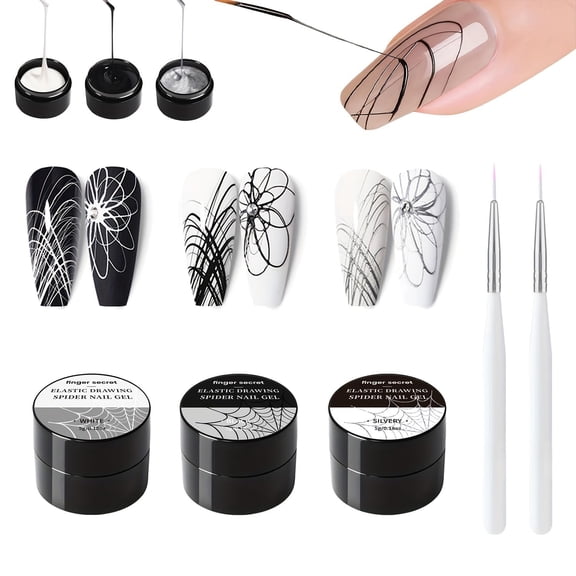 5g/0.18oz Spider Gel Kit for Nails, Spider Design for Art Wire Drawing Nail Gel for Line with Brushes for Nail Art (White Black Silvery)