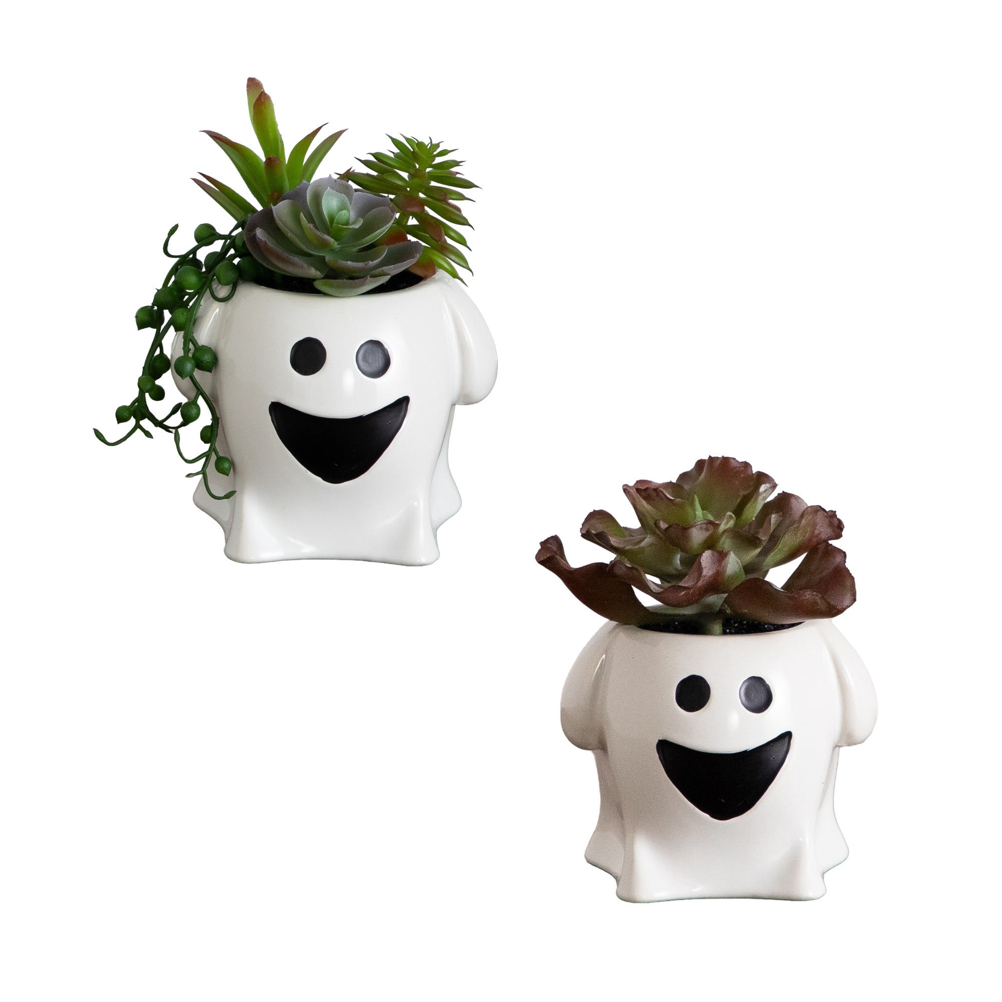 5in. Artificial Halloween Succulent Garden in Happy Ghost Planter -Set of 2