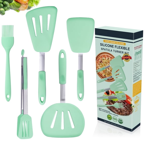 5in1 Heat Resistant Non-scratched Silicone Spatulas Tongs Brush Set for Nonstick Cookware for Fish Steak Egg Pancake Tuner Kitchen Cooking Utensil