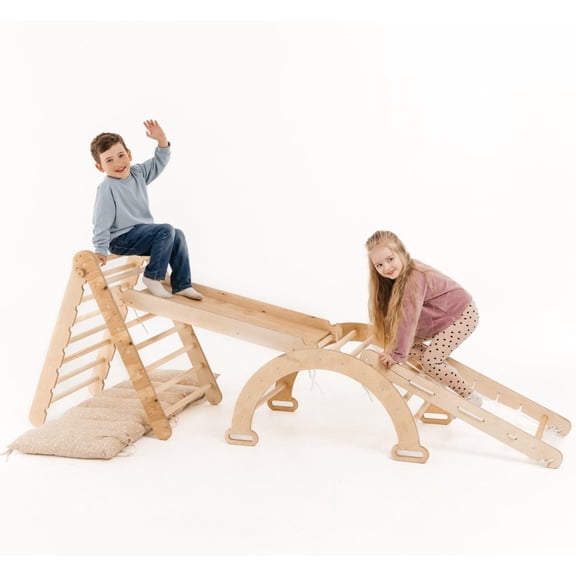 Goodevas Montessori 5-in-1 Wooden Indoor Climbing Frame with Triangle, Arch, Ramp, Net, Cushion, Ages 1-5