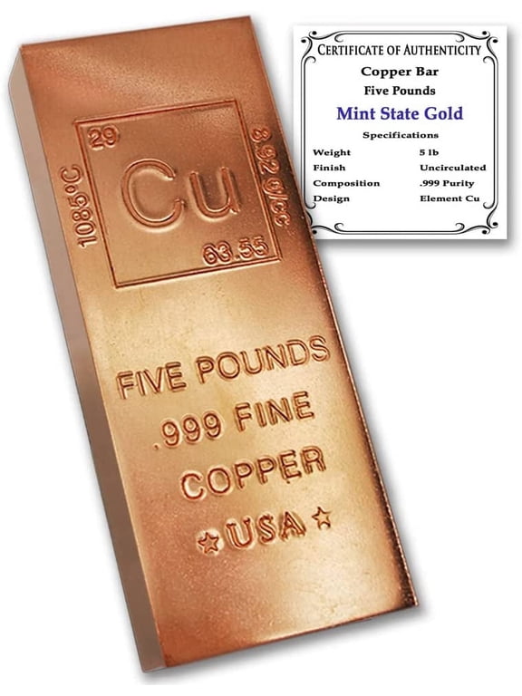 5 lb Copper Bar Paperweight | .999 Pure | Chemistry Element Design with Certificate of Authenticity by Mint State Gold